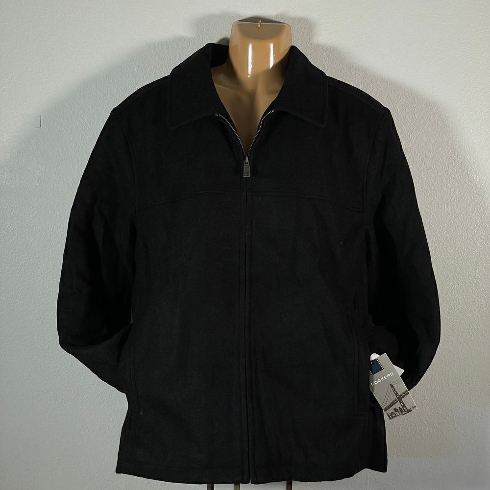 NWT Dockers XL Black Wool Blend Quilted Interior Full Zip Coat / Jacket